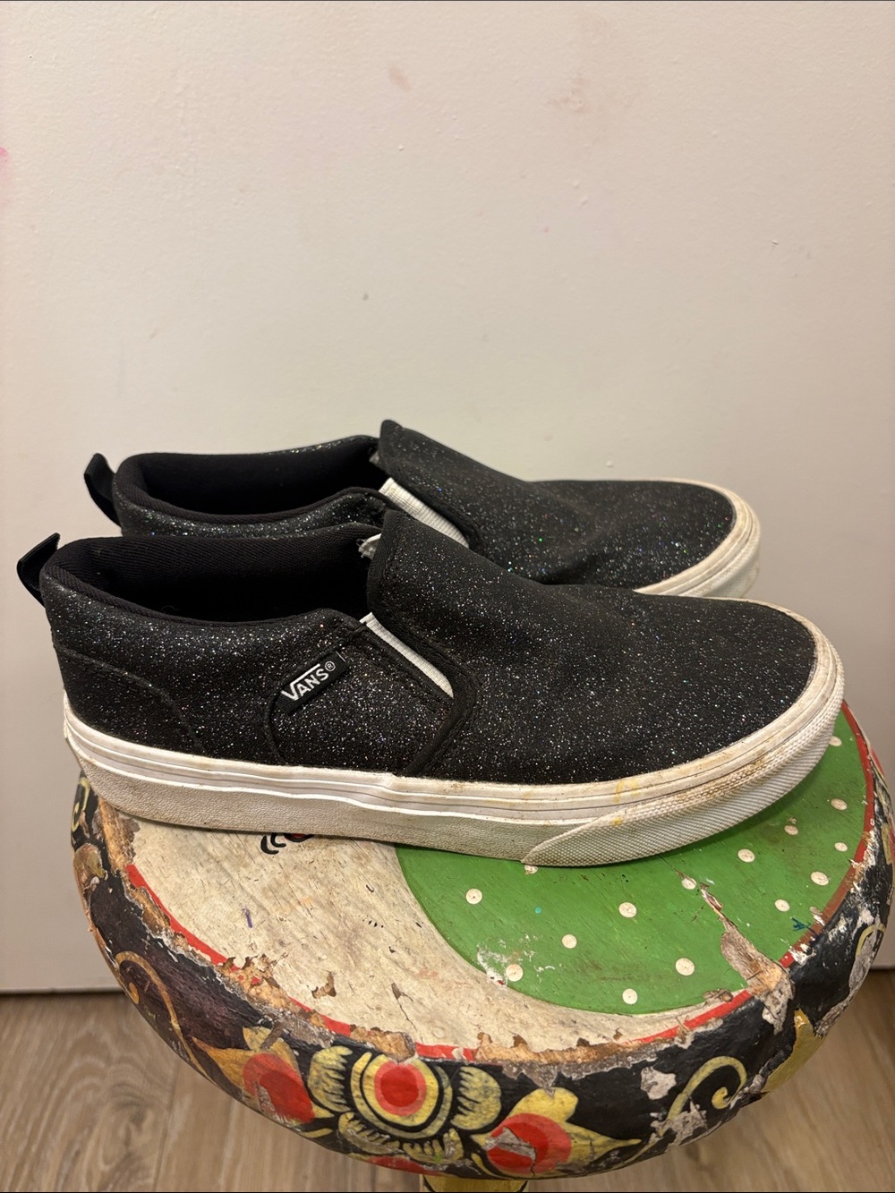 Vans Black Glitter Slip-On Loafers